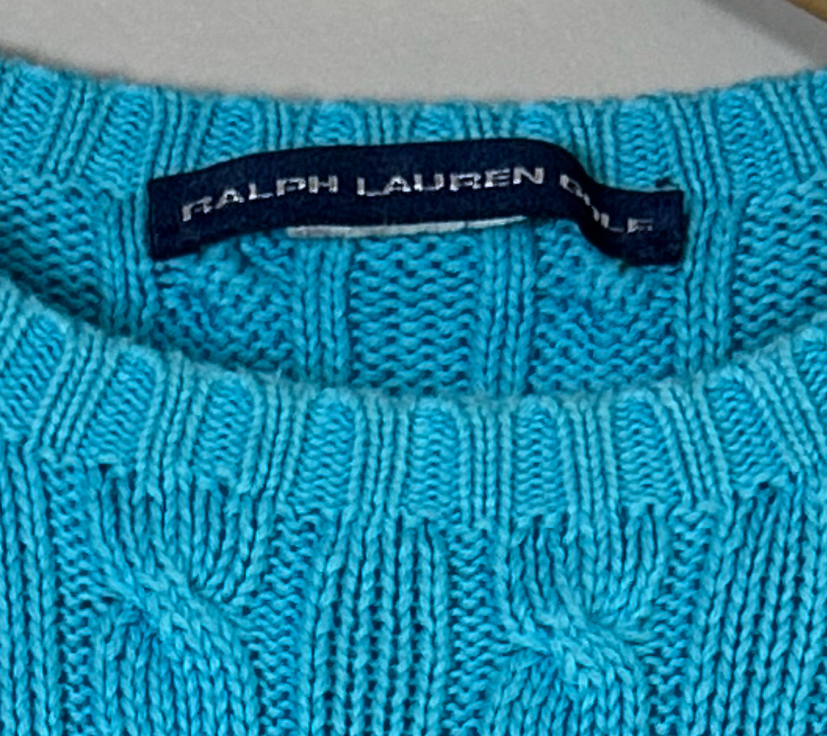 Ralph Lauren Golf Cable Knit V Neck Cotton Pullover Sweater Turquoise Yellow Pony-XS/S