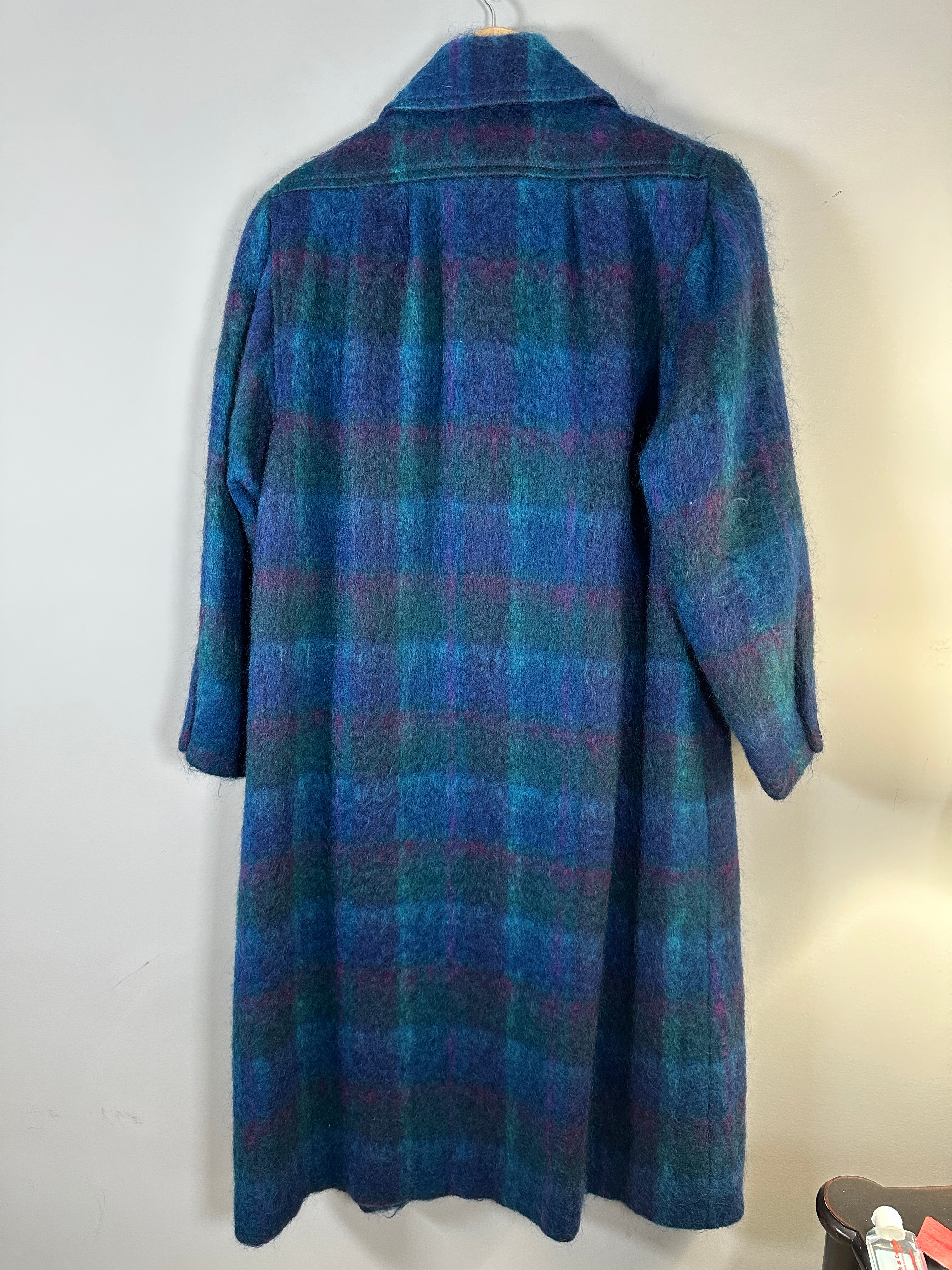 Vintage George David Blue/Purple Plaid Mohair Long Coat Made In USA Union Label-Sz 14