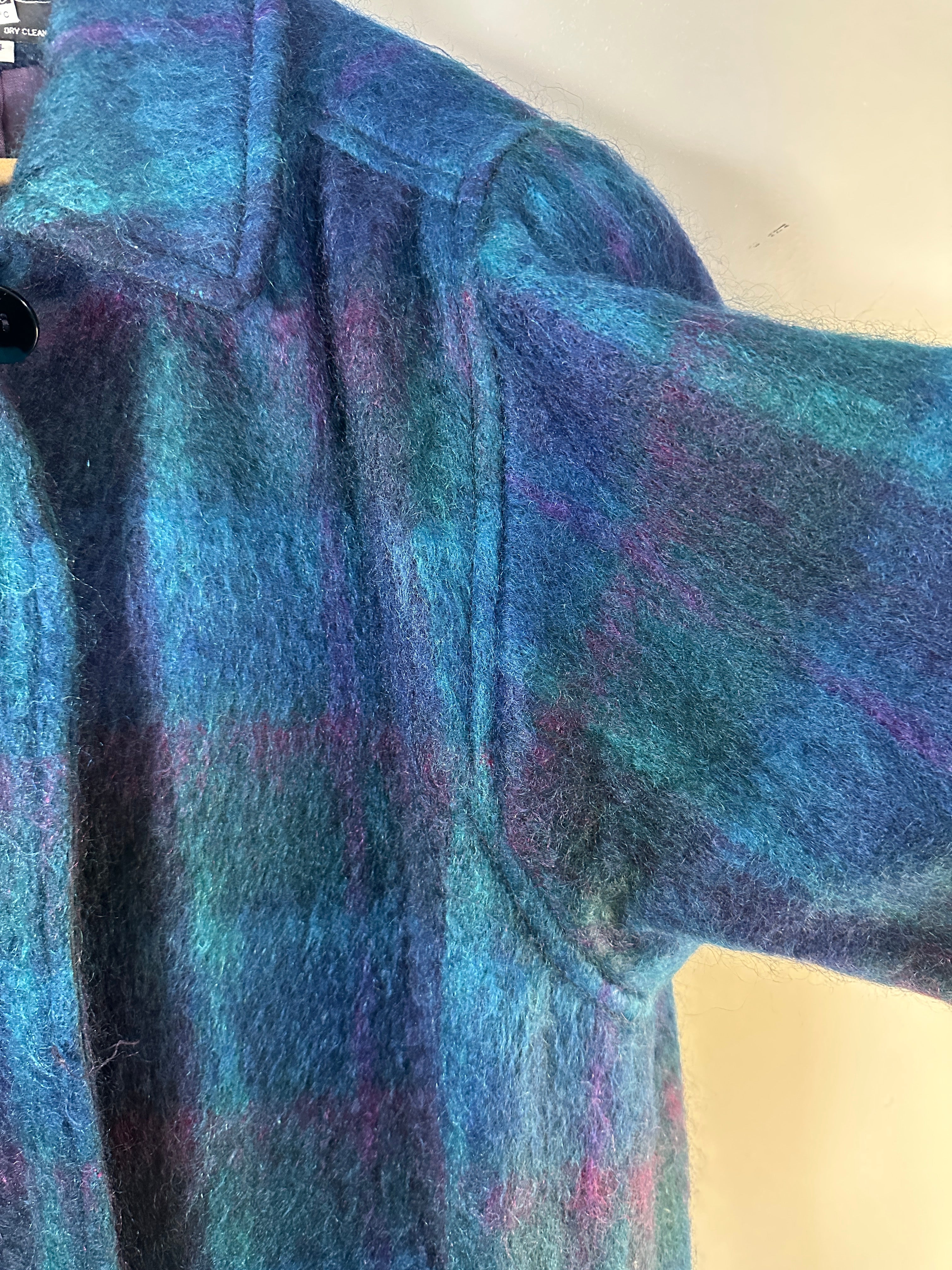 Vintage George David Blue/Purple Plaid Mohair Long Coat Made In USA Union Label-Sz 14