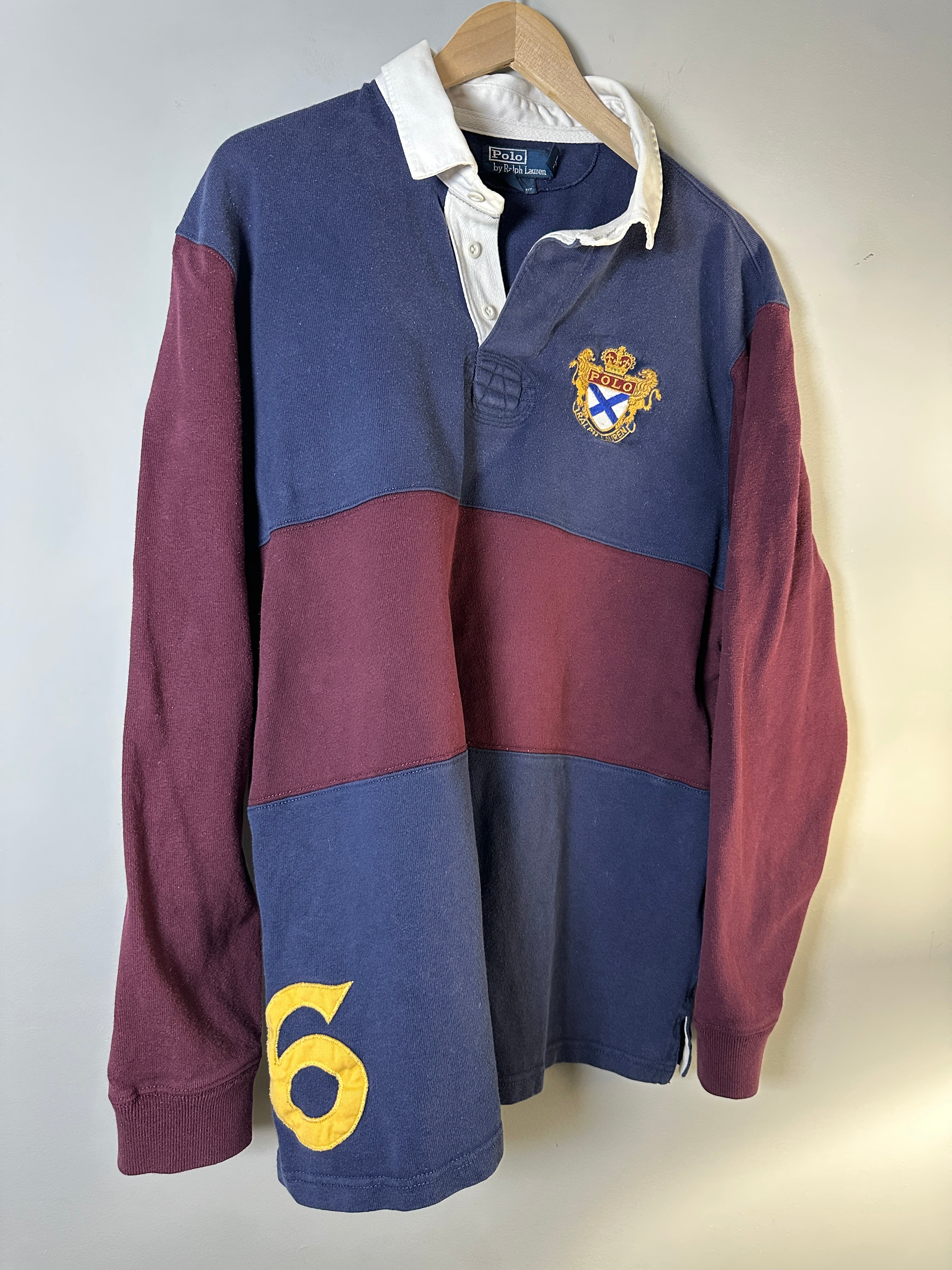 Vintage Polo Ralph Lauren Rugby Shirt Number 6 Lion Crown Embroidered Crest Color Block-100% Cotton XXL