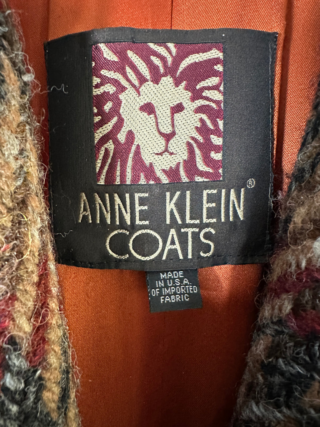 Vintage Ann Klein Coats Lion Logo 100% Wool Plaid Tweed Long Coat Satin Lined USA Union Made-SZ 8