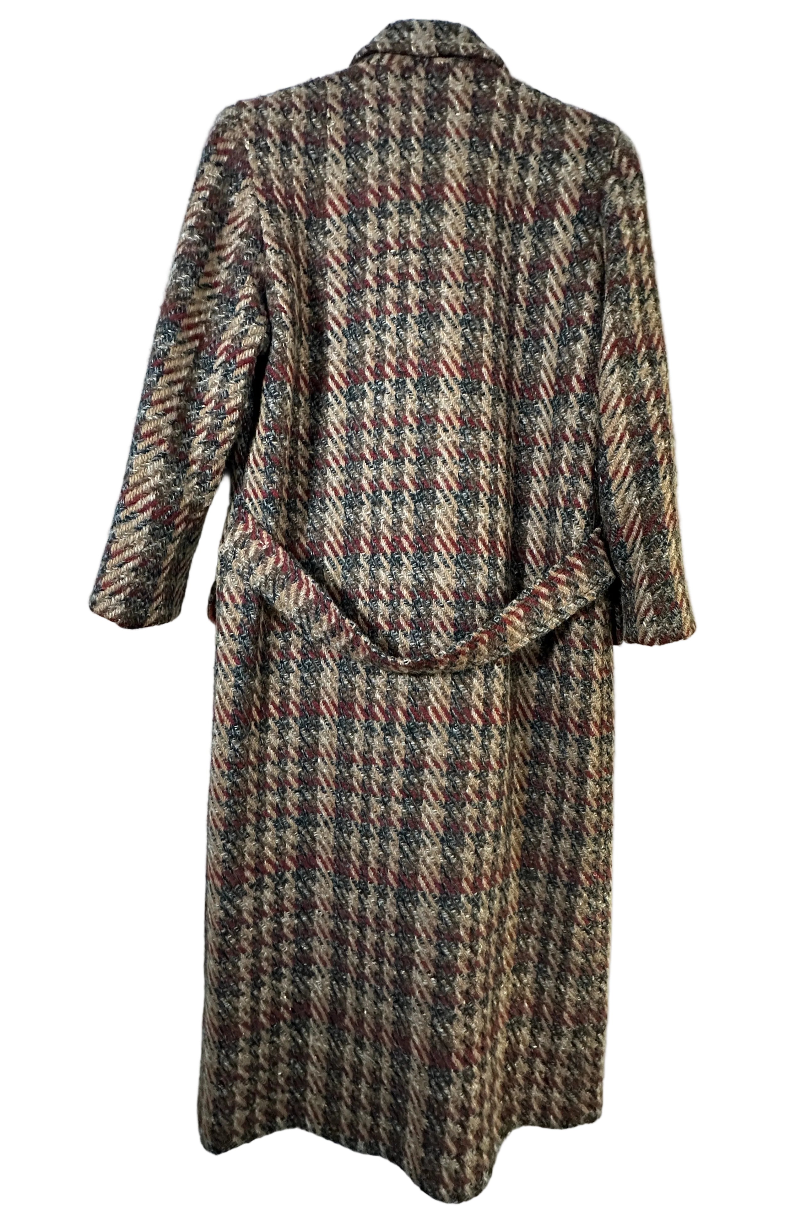 Vintage Ann Klein Coats Lion Logo 100% Wool Plaid Tweed Long Coat Satin Lined USA Union Made-SZ 8