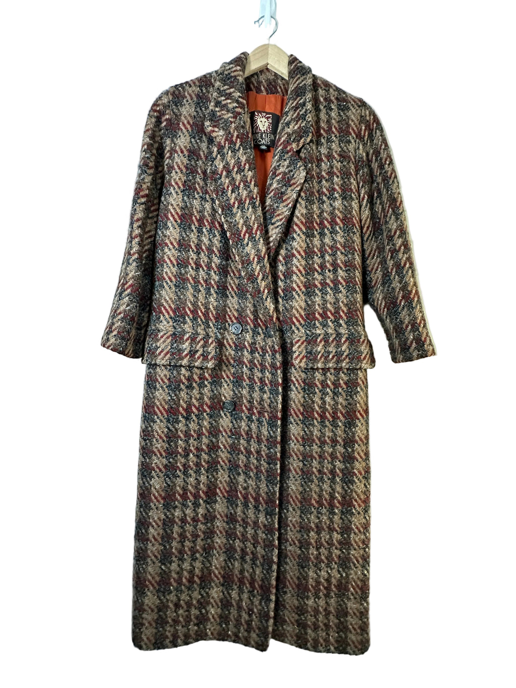 Vintage Ann Klein Coats Lion Logo 100% Wool Plaid Tweed Long Coat Satin Lined USA Union Made-SZ 8