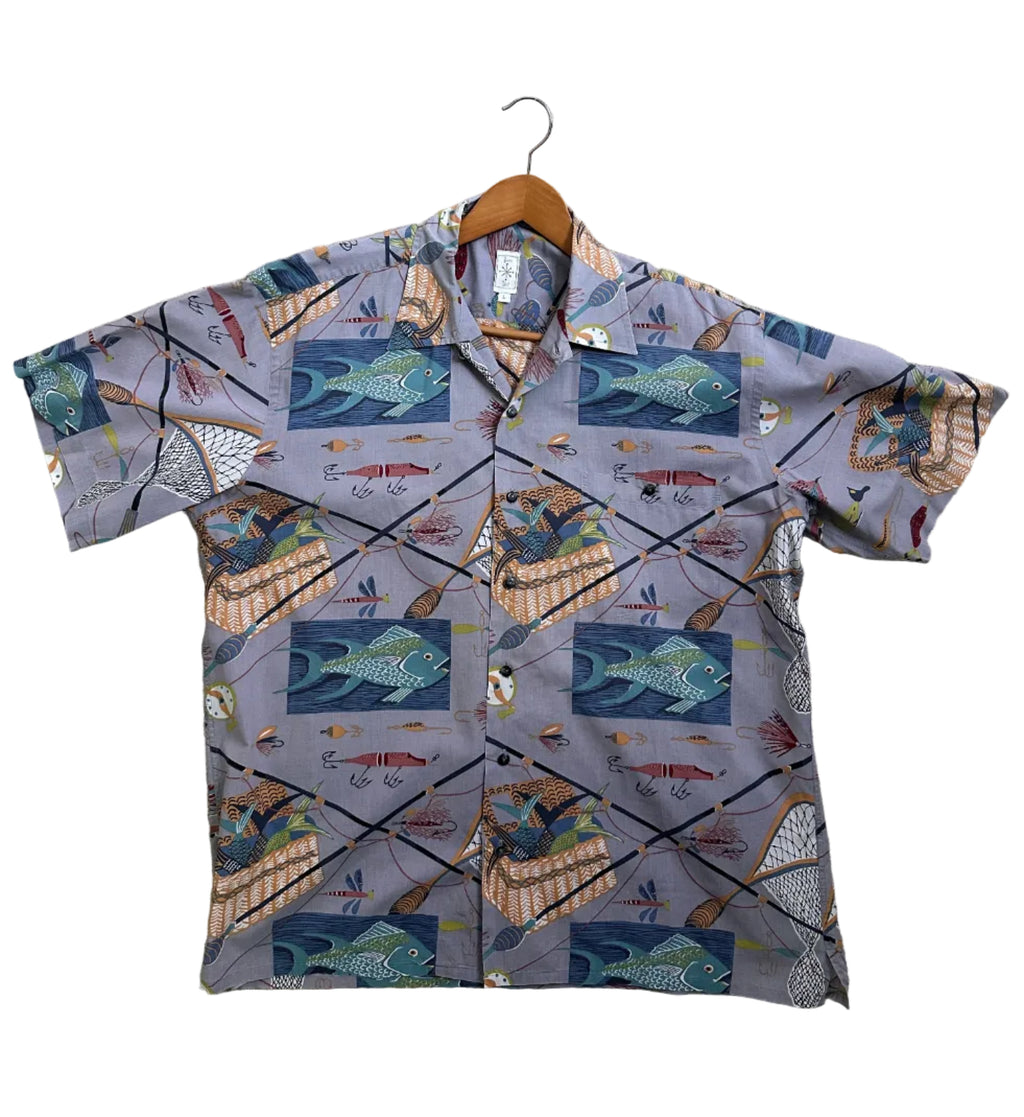 Vintage Burma Bibas Fishing Theme Button Down Shirt-Large