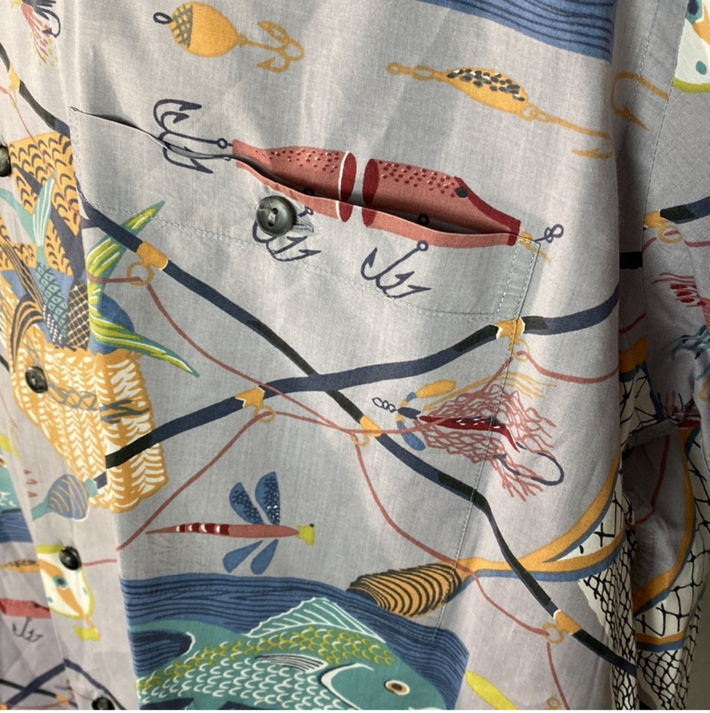 Vintage Burma Bibas Fishing Theme Button Down Shirt-Large