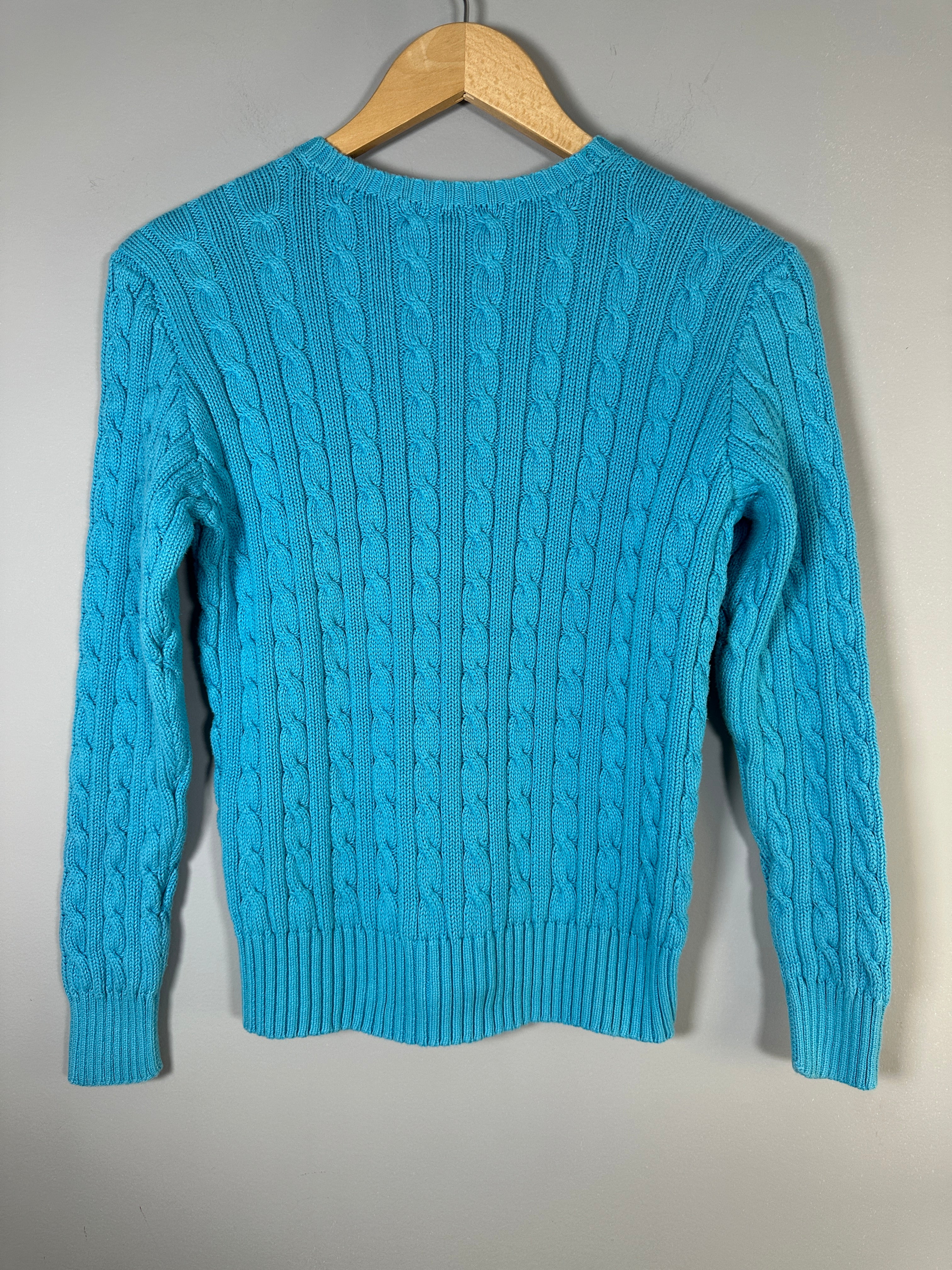Ralph Lauren Golf Cable Knit V Neck Cotton Pullover Sweater Turquoise Yellow Pony-XS/S