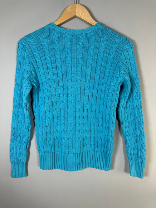 Ralph Lauren Golf Cable Knit V Neck Cotton Pullover Sweater Turquoise Yellow Pony-XS/S