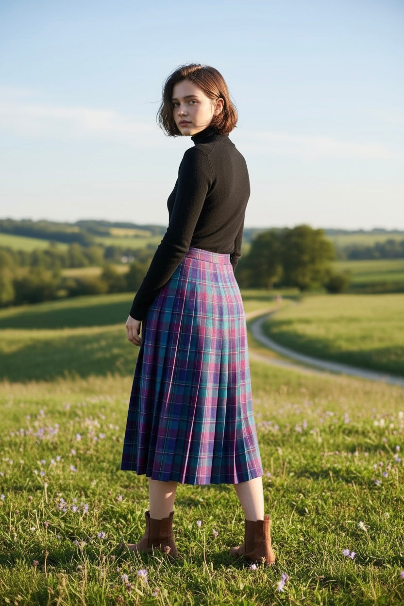 Vintage Aljean 100% Wool Plaid Pleated Skirt Canada-Sz 4