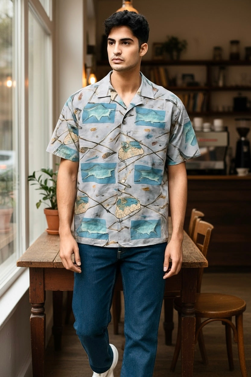 Vintage Burma Bibas Fishing Theme Button Down Shirt-Large