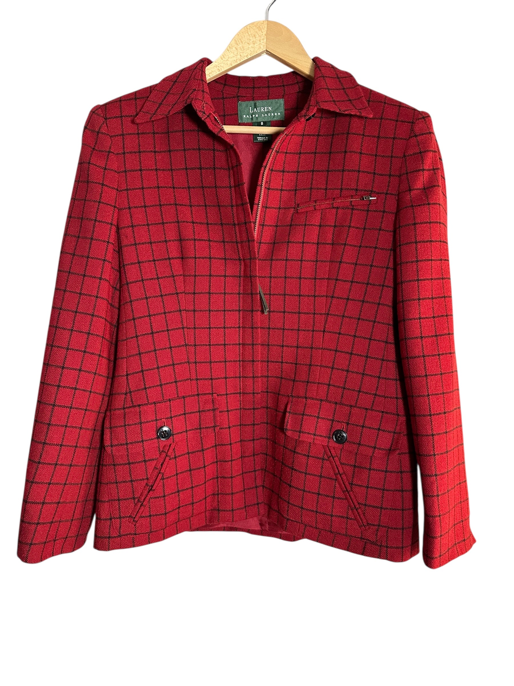 Vintage Lauren Ralph Lauren Red Black Window Pane Zipper Jacket USA-Sz 8
