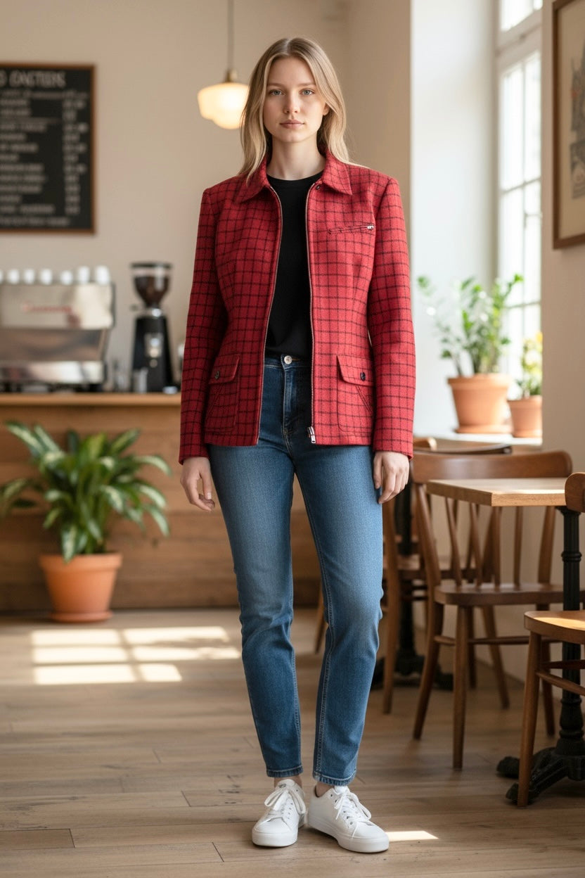 Vintage Lauren Ralph Lauren Red Black Window Pane Zipper Jacket USA-Sz 8