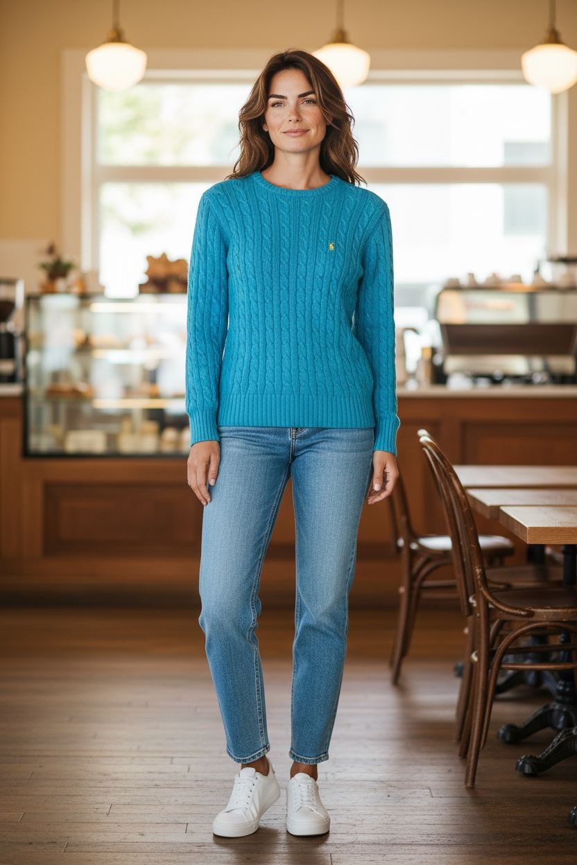 Ralph Lauren Golf Cable Knit V Neck Cotton Pullover Sweater Turquoise Yellow Pony-XS/S