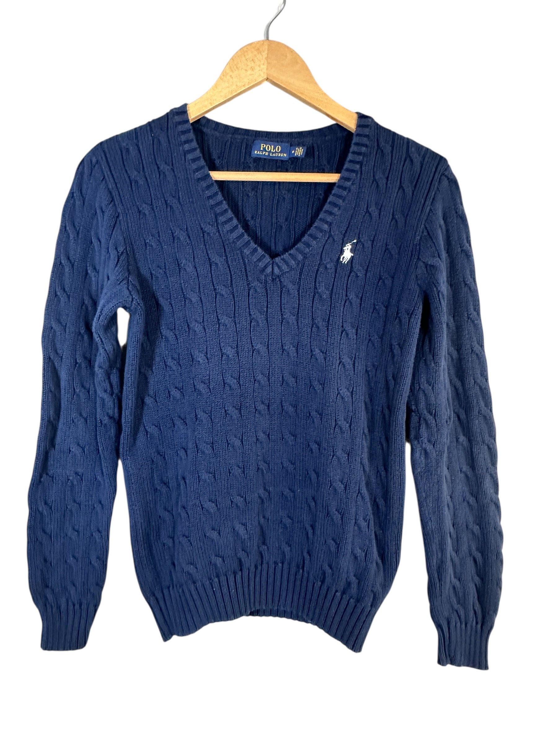 Polo Ralph Lauren Cable Knit V Neck Cotton Pullover Sweater Navy White Pony-M