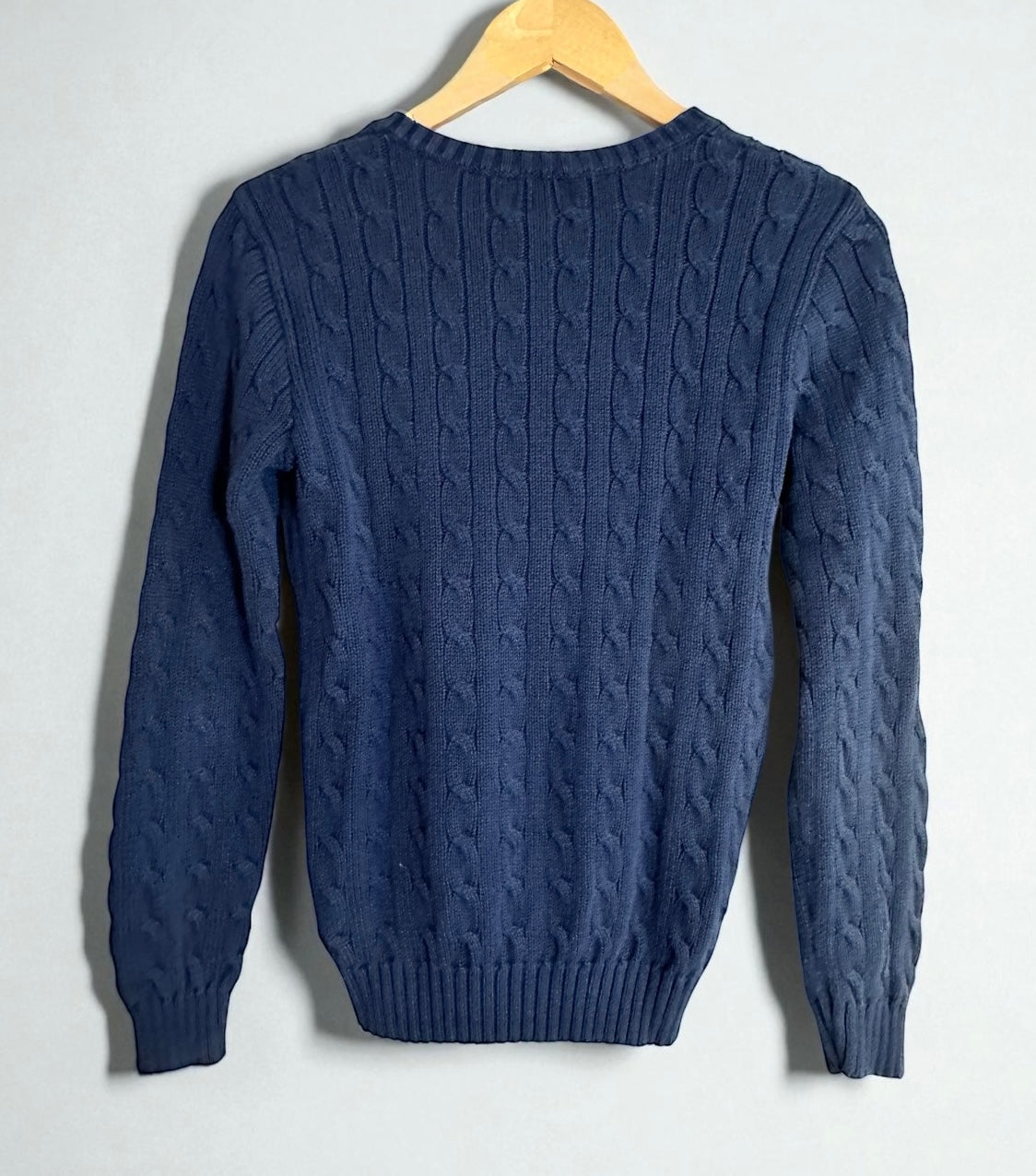 Polo Ralph Lauren Cable Knit V Neck Cotton Pullover Sweater Navy White Pony-M