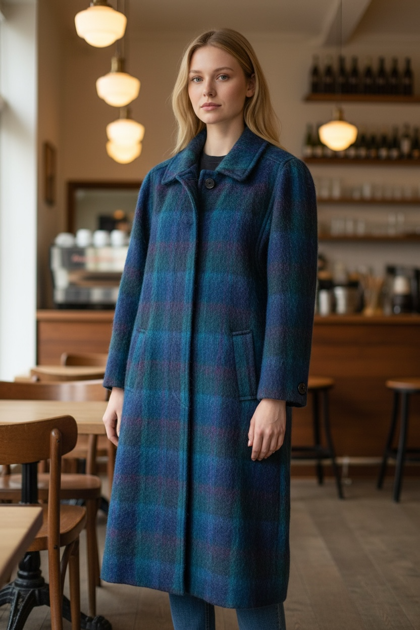 Vintage George David Blue/Purple Plaid Mohair Long Coat Made In USA Union Label-Sz 14