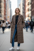 Vintage Ann Klein Coats Lion Logo 100% Wool Plaid Tweed Long Coat Satin Lined USA Union Made-SZ 8