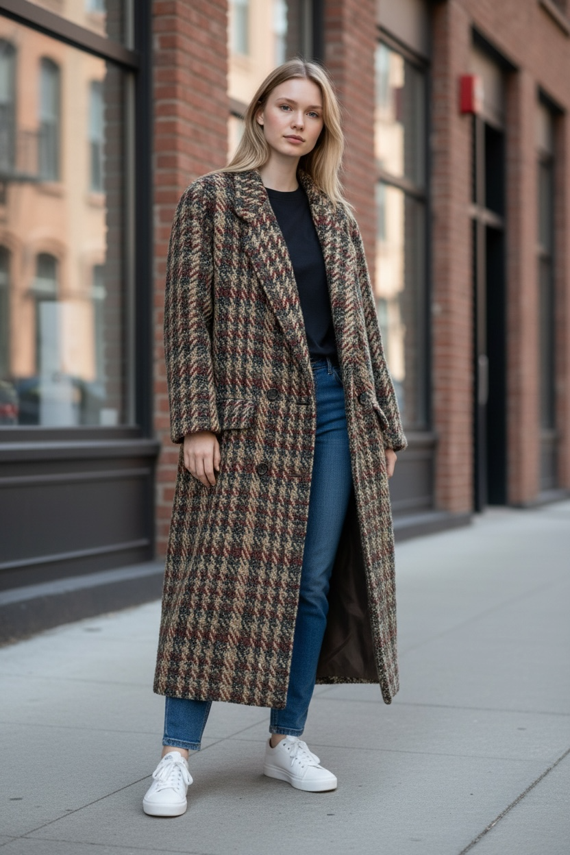 Vintage Ann Klein Coats Lion Logo 100% Wool Plaid Tweed Long Coat Satin Lined USA Union Made-SZ 8