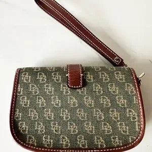 DOONEY & BOURKE Clutch Wristlet Mini Bag Logo Lock Closure Leather/Logo Fabric